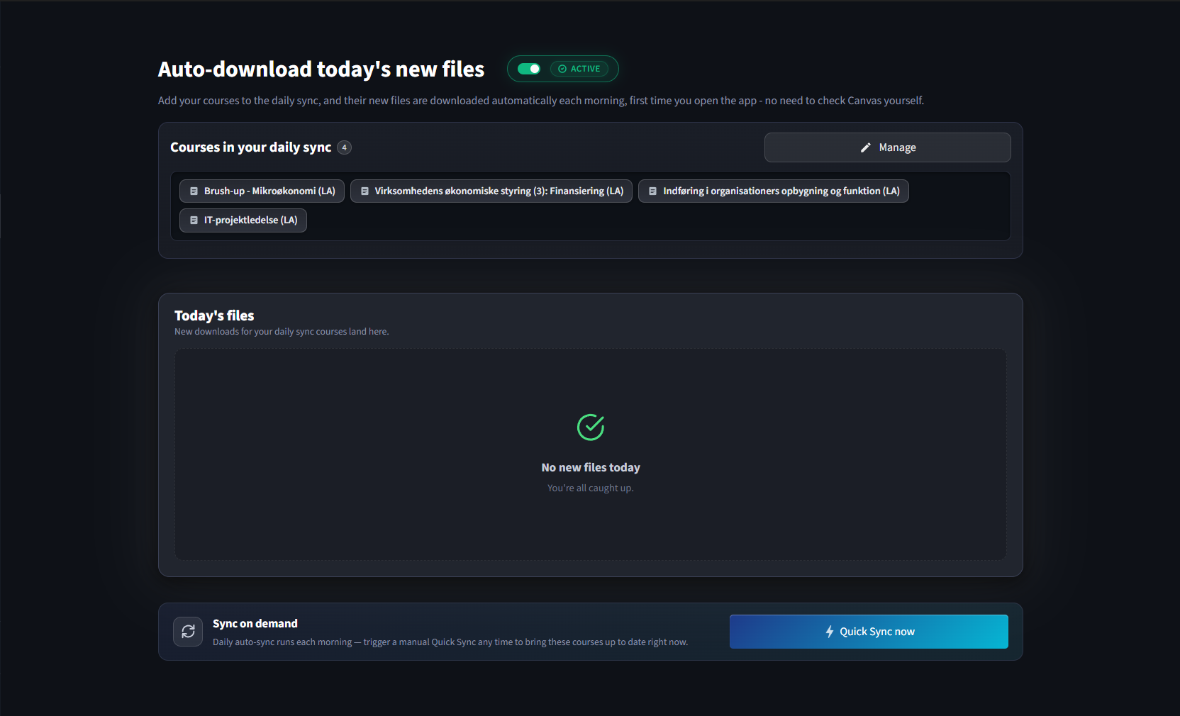 The Today page: a daily auto-sync toggle above a list of courses and the new files that arrived today